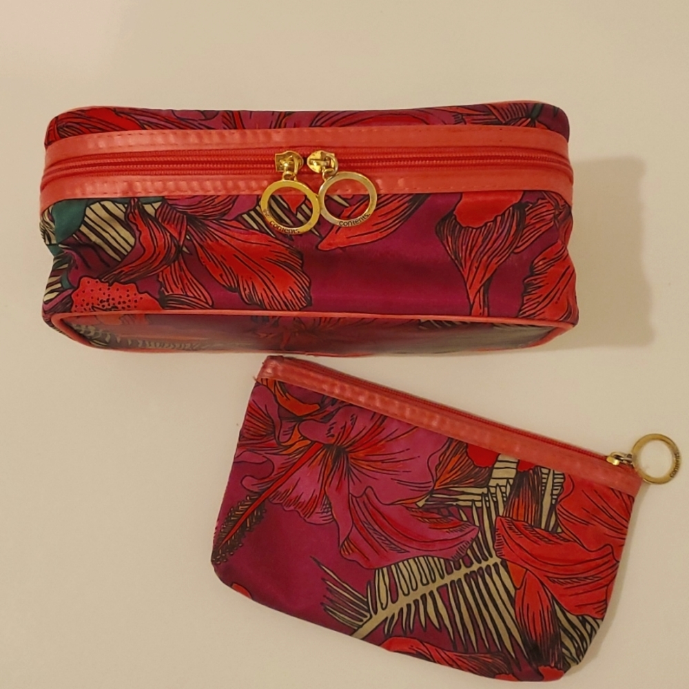 Small Tropical Travel Case w/ Matching Pouch, Multicolored-Pink Purple & Coral